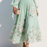 Menta - Vestido Maxi Plisado en Chiffon Verde Menta con Estampado Floral para Mujer