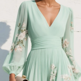Menta - Vestido Maxi Plisado en Chiffon Verde Menta con Estampado Floral para Mujer