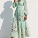 Menta - Vestido Maxi Plisado en Chiffon Verde Menta con Estampado Floral para Mujer