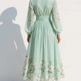Menta - Vestido Maxi Plisado en Chiffon Verde Menta con Estampado Floral para Mujer