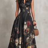 Dunora - Vestido Midi de Satén Plisado Floral con Cuello de Ojal Negro para Mujer