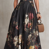 Dunora - Vestido Midi de Satén Plisado Floral con Cuello de Ojal Negro para Mujer