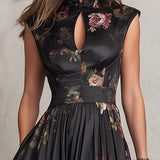 Dunora - Vestido Midi de Satén Plisado Floral con Cuello de Ojal Negro para Mujer