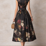Dunora - Vestido Midi de Satén Plisado Floral con Cuello de Ojal Negro para Mujer