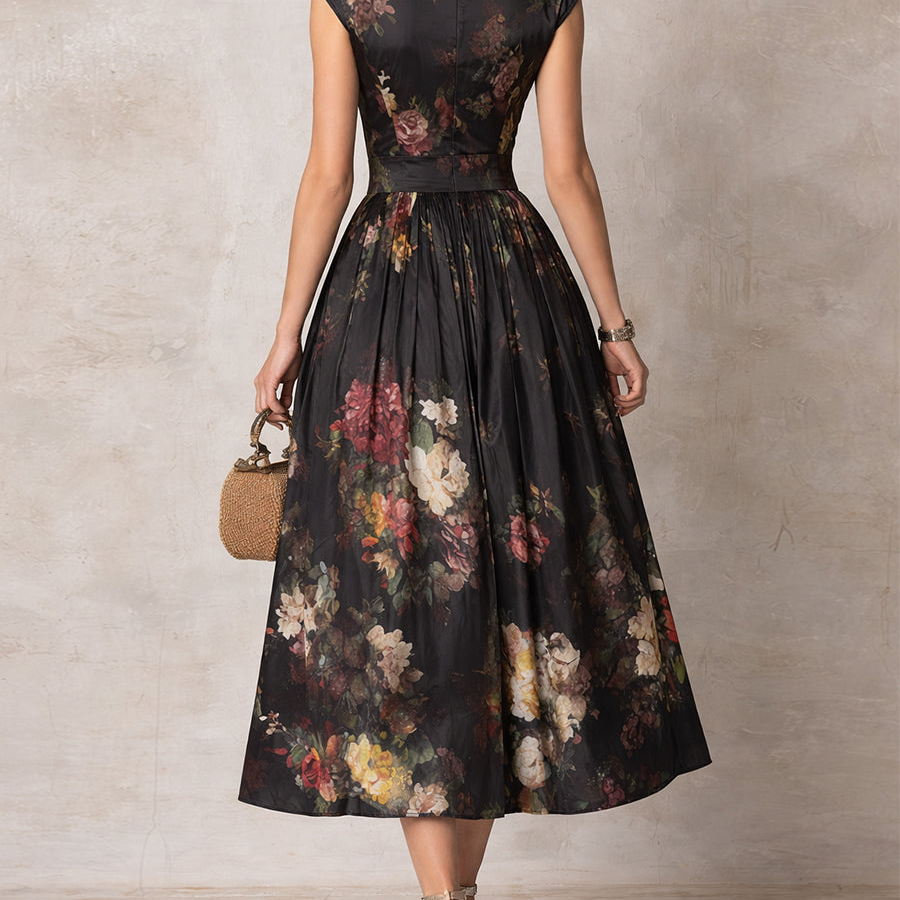 Dunora - Vestido Midi de Satén Plisado Floral con Cuello de Ojal Negro para Mujer