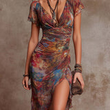 Martina | Vestido midi plisado con escote en V, estampado de arte abstracto en estilo bohemio para Mujer