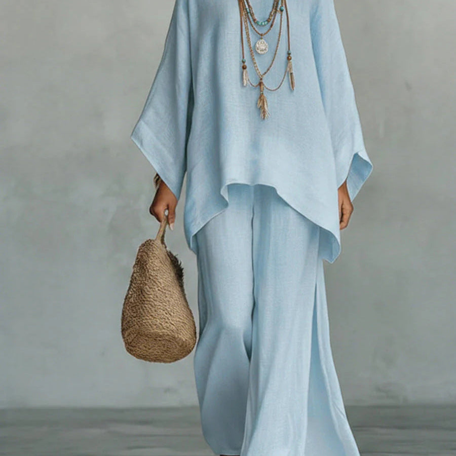 Beatrice - Conjunto de Top y Pantalones Flowy en Mezcla de Lino Minimalista para Mujer