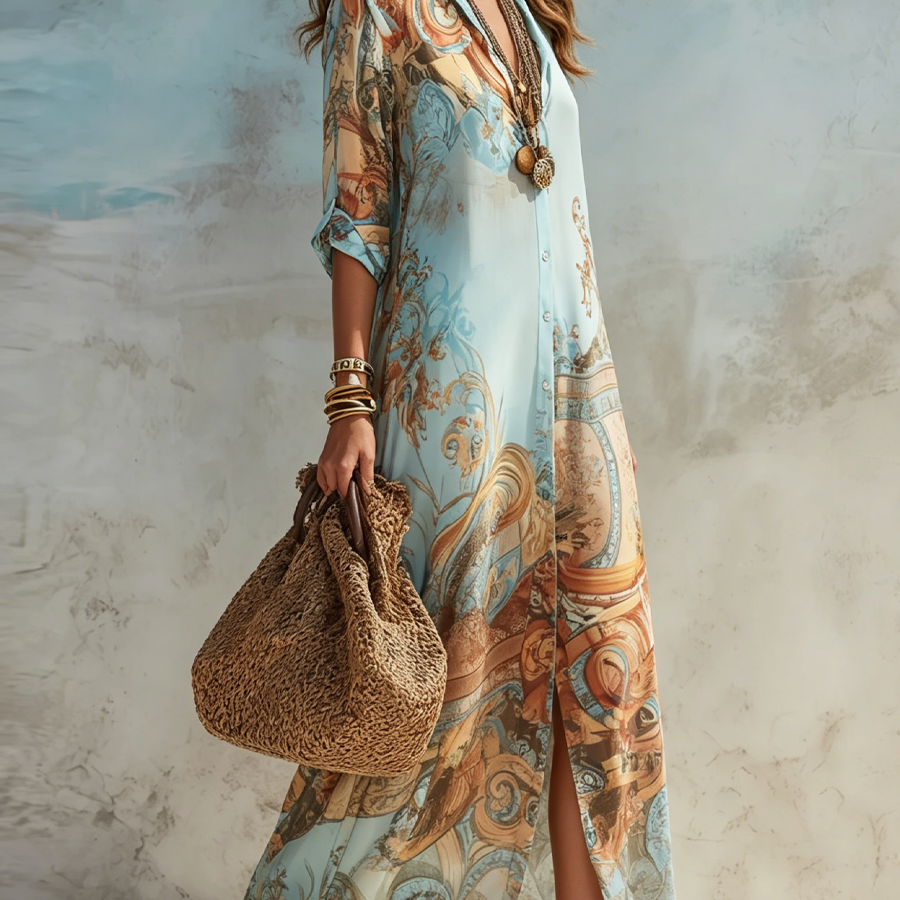 Luisa | Vestido maxi chemisier mediterráneo para Mujer