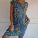 Grace™ Vestido estampado de cuello redondo de algodón y lino para mujer