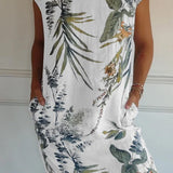 Grace™ Vestido estampado de cuello redondo de algodón y lino para mujer