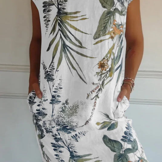 Grace™ Vestido estampado de cuello redondo de algodón y lino para mujer