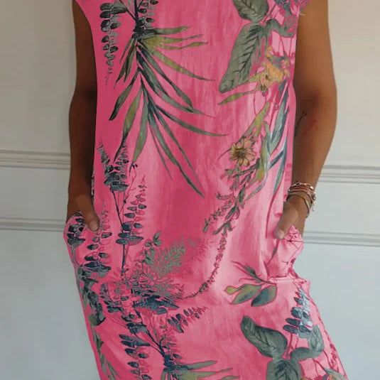 Grace™ Vestido estampado de cuello redondo de algodón y lino para mujer