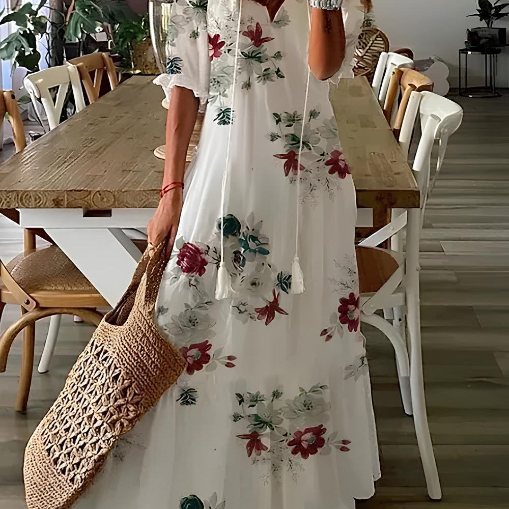 Dúnia™ VESTIDO LARGO CON ESTAMPADO Y VOLANTES