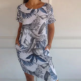 Grace™ Vestido estampado de cuello redondo de algodón y lino para mujer