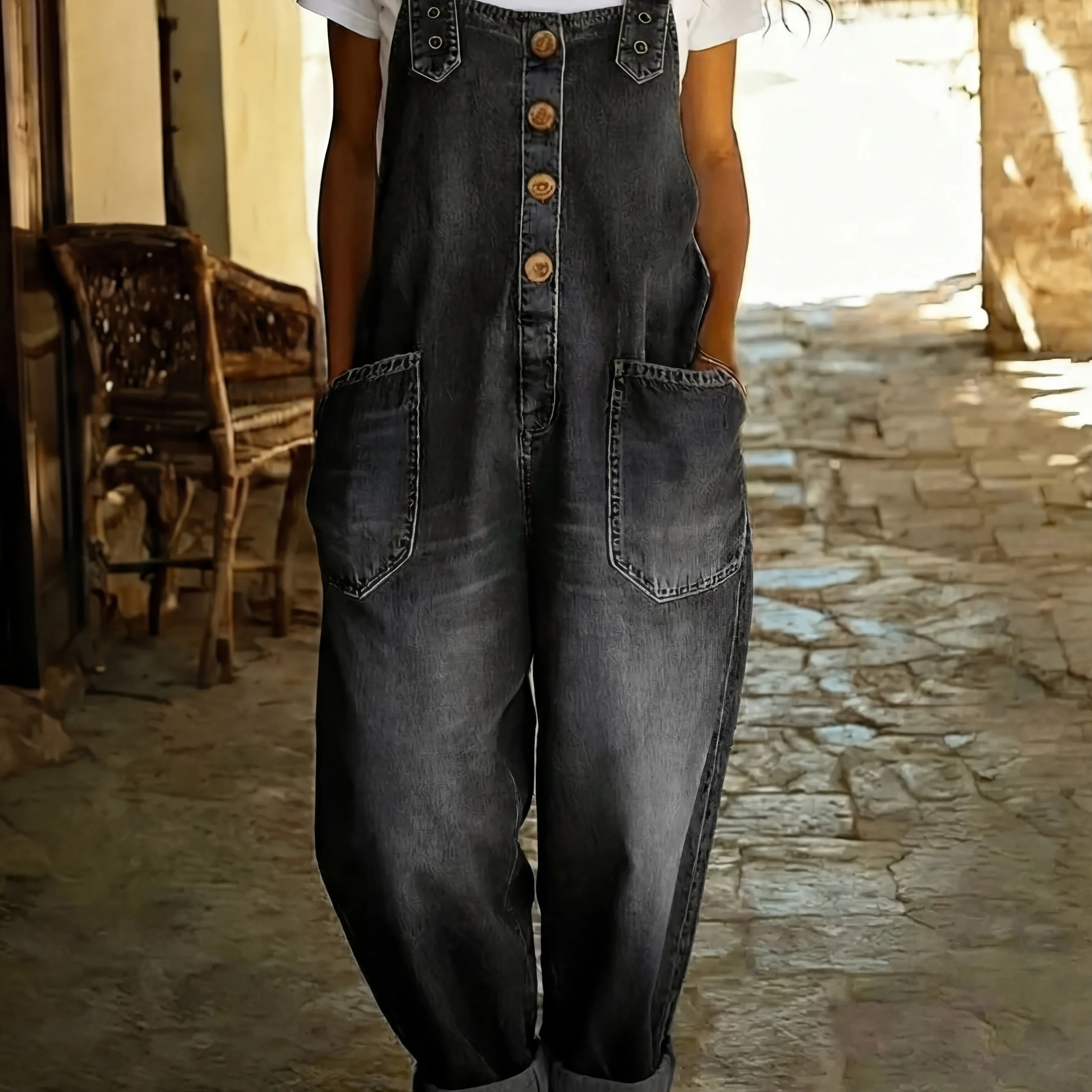 Rocio - Mono vaquero casual con hebilla ajustable para Mujer