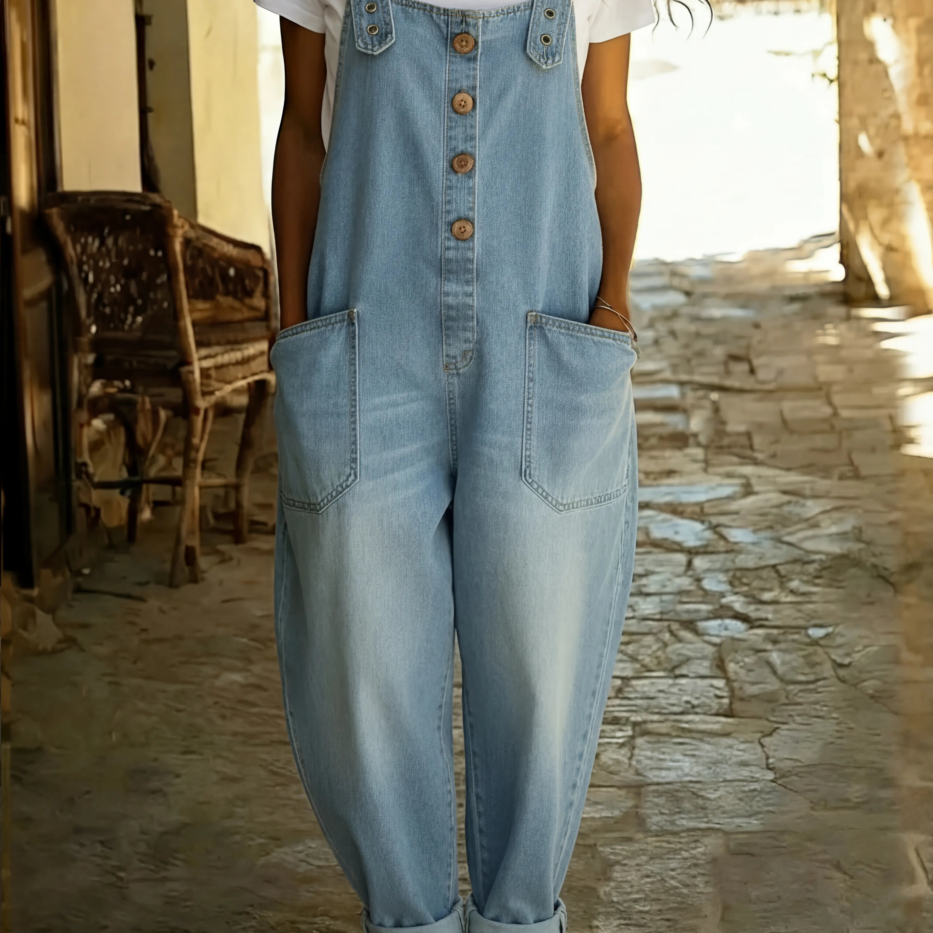Rocio - Mono vaquero casual con hebilla ajustable para Mujer