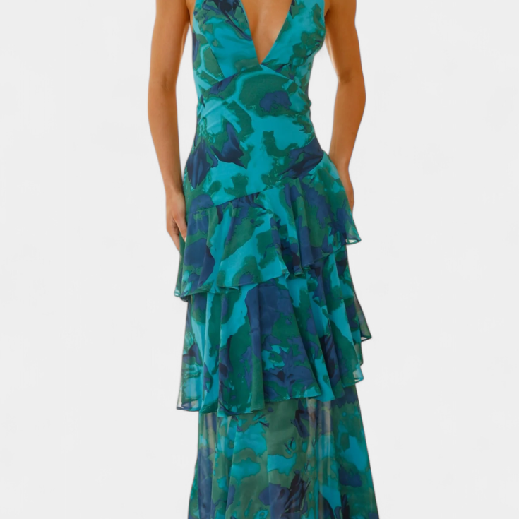 Domenica - Vestido de Gasa con Escote en V y Capas Fluidas para Mujer