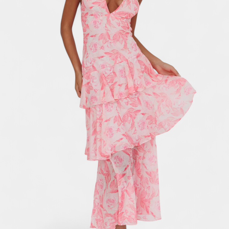 Domenica - Vestido de Gasa con Escote en V y Capas Fluidas para Mujer
