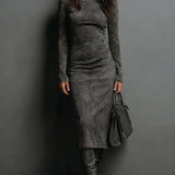 Ilaria - Vestido Midi de Suede con Cuello Alto y Mangas Largas