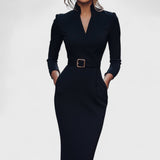 Mandarin - Vestido negro refinado con cinturón y cuello