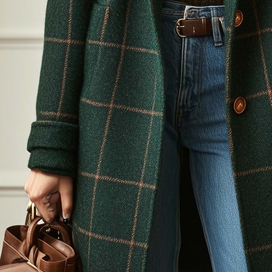 Florencia |  Abrigo de Mujer de Tweed a Cuadros con Solapas Retro