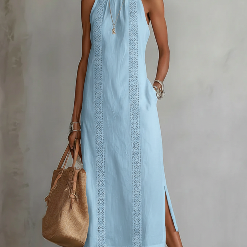 Jimena | Vestido midi de lino con cuello mao para Mujer