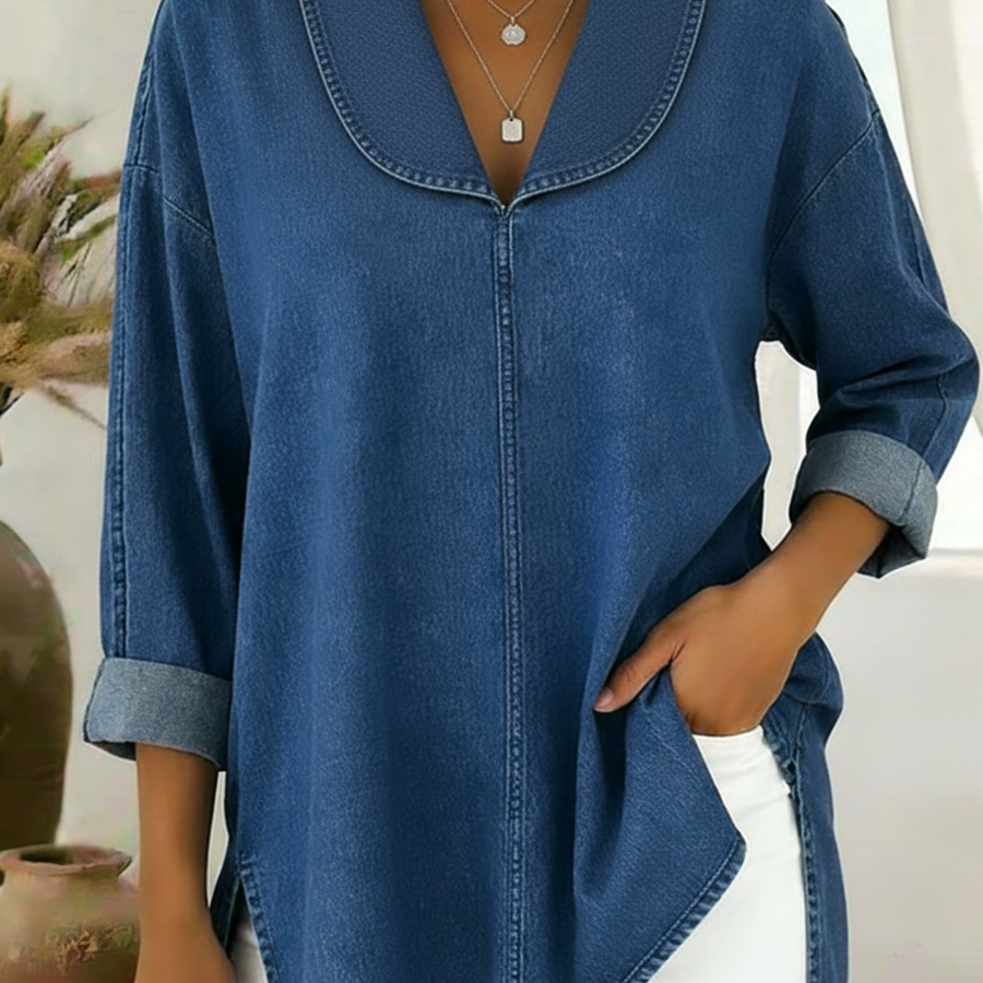Denim - Top Retro con Cuello de Chal